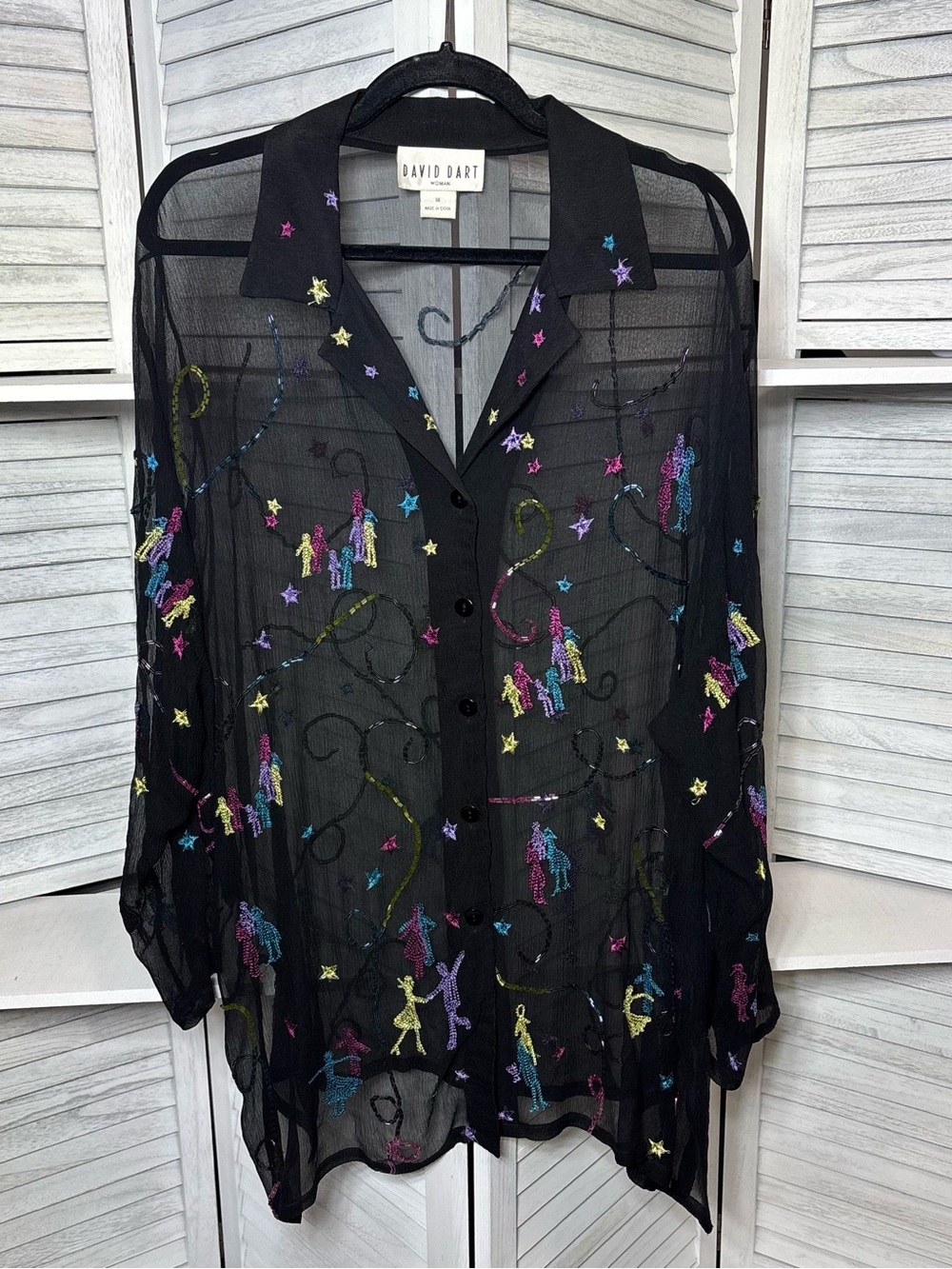 Vintage David Dart 1X Black Silk Sheer Beaded Embroidered Dancer Blouse